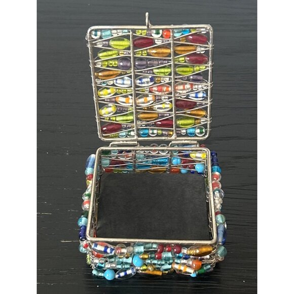 Handcrafted Glass Beaded Trinket Box Multicolored Glass Beads Hinged Lid BOHO - Picture 2 of 9